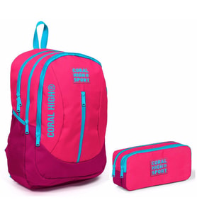 Coral High Sport Pembe Kırmızı Okul Çantası ve Kalemlik Seti - Kız Çocuk - USB Soketli