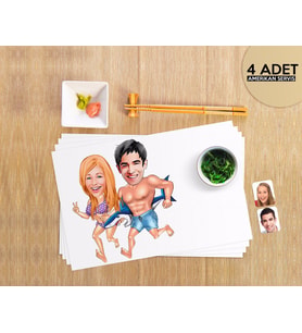 BK Gift Kişiye Özel Sevgililer Karikatürlü 4 Adet Amerikan Servis Seti-8 (Beyaz)