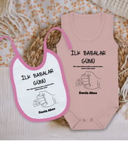 BK Kids Kişiye Özel İlk Babalar Günü Tasarımlı Pembe %100 Pamuklu Askılı Sıfır Kol Bebek Body Zıbın ve Mama Önlüğü Hediye Seti