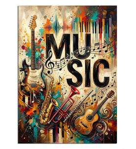 Renkli Müzik Enstrümanlı Poster Dekoratif Kanvas - Mdf Ahşap Tablo