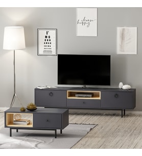 NATUREL TV ÜNİTESİ ve ORTA SEHPA TAKIM (2'li SET) ANTRASİT/SAFİRMEŞE