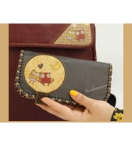 Baykuş Figürlü Büyük Cüzdan Etnik Bohem Retro Vintage Style  - ANTRASİT