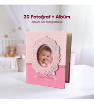 100 Fotoğraf Kapasiteli Bebek Albümü + 20 Fotoğraf Baskısı + Kapak Fotoğrafı - 10x15 cm (Pembe)