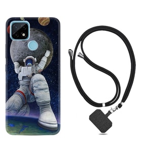 Realme C11 C21 C21Y C25Y C11 2021 Kılıf Boyun Askılı Silikon Astronot ve Dünya 1759