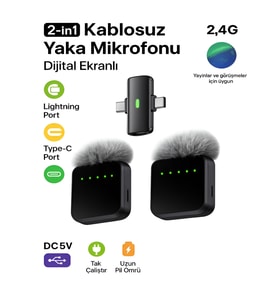 Lightining Type-C Girişli 200mAh Dijital Ekranlı 2.4G Kablosuz Çift Yaka Mikrofonu Pro++
