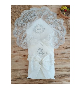 Dantelli Özel Taçlı Bebek Kundağı Unisex Bebek Dış Kundak Battaniyesi Hastane Çıkışı Hediyelik KND45307