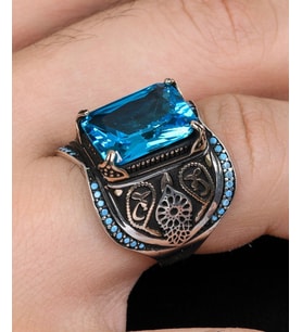 925 Ayar Gümüş Erkek Yüzüğü Aquamarine (Aqua Marin) Taşlı Turkuaz Taş Süslemeli 800936