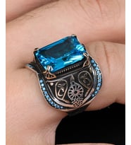 925 Ayar Gümüş Erkek Yüzüğü Aquamarine (Aqua Marin) Taşlı Turkuaz Taş Süslemeli 800936