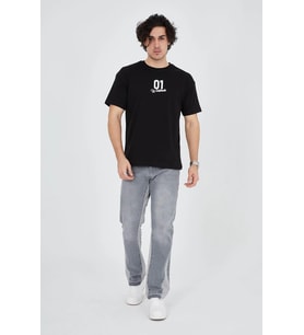 Erkek Baskılı T-Shirt Kısa Kol Bisiklet Yaka Regular Fit Rahat Kalıp Günlük Tişört - Siyah