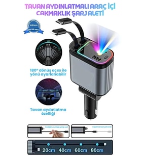 Led Işık Tavan Aydınlatmalı 66W 4’1 Çift Kablolu Hızlı Şarj 3.4A Araç İçi Çakmaklık Şarj Aleti