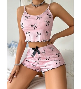 Pembe Fiyonklu Askılı Şortlu Kadın Pijama Takımı, Yumuşak Kumaş, Şık Detaylar,Yazlık Kadın Pijama