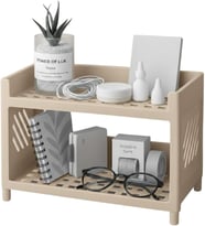 Amaçlı 2 Katlı Organizer Raf – Plastik Düzenleyici Stand – Banyo, Mutfak, Masaüstü ve Ofis İçin – 25 x 18 cm (Bej)