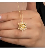 Gümüş Gold Beyaz Taşlı Lotus Çiçeği Kadın Kolye