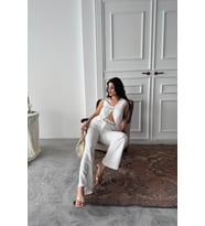 KETEN TEK DÜĞME YELEK-PANTOLON TAKIM - Beyaz