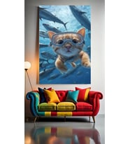YÜZÜCÜ KEDİ 1 Ev Duvar Salon Güzellik Salonu Ofis Dükkan Dekarasyon Kanvas Tablo (Çok Renkli)