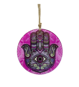 Fuşya Cam Hamsa El Duvar Dekoru - 16 cm Dekoratif Mandala Desenli Cam Süs (Çok Renkli)