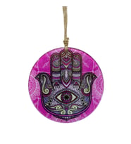 Fuşya Cam Hamsa El Duvar Dekoru - 16 cm Dekoratif Mandala Desenli Cam Süs (Çok Renkli)
