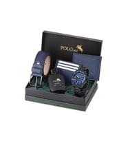 Polo Air Mercek Takvimli Erkek Kol Saati Cüzdan Kemer Kartlık Parfüm Seti Siyah Lacivert Renk PL-7073E6 (Lacivert-Siyah)