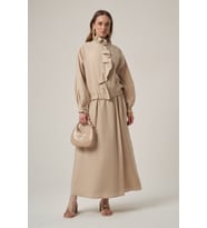 FTZ Women Kadın Fırfır Detay Keten Etekli Takım Beige 31411