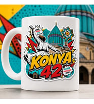 Konya 42 Pop Art Semazen Tasarımlı Baskılı Kupa, Mevlana Türbesi Renkli Çizgi Roman Stilinde Memleket Hediyesi