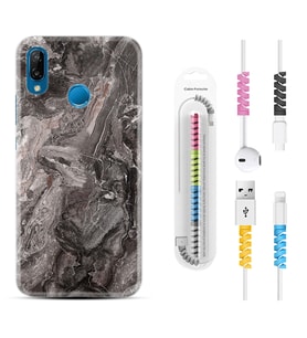 Huawei P20 Lite Mate 10 20 Lite Pro P40 Lite KılıfKablo Koruma Spiral Silikon Gri Mermer 1376