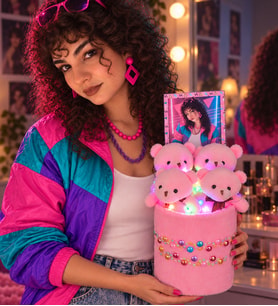 80’ler Temalı Özel Tasarım Fotoğraflı RGB LED Işıklı Pembe Ayıcık Buketi Konsept Akım Hediyesi Arkadaşa Hediye