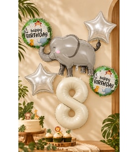 8 Yaş Fil Folyo Balonlu 5li Set ve Rakam Balon Safari Tema Balon Seti Set42