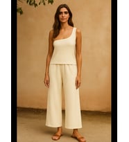Fantezia Night Kadın Beyaz Tek Omuzlu Şık Bluz & Geniş Paça Pantolon İkili Takım