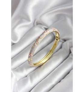 Mineli Pirinç Çiçek Desenli Zirkon Taşlı Gold Renk Kadın Kelepçe (çap 60 mm)
