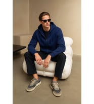 Erkek Fermuarlı Kapüşonlu Cepli İndigo Sweatshirt