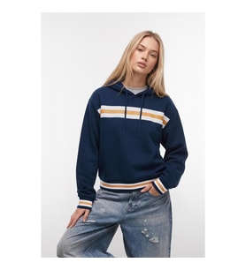 Kadın Kapüşonlu Çizgi Detaylı Lacivert Sweatshirt