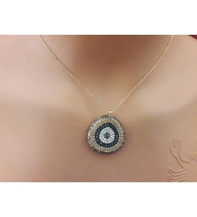 Oval Zirkon Taşlı Nazarlık Kolye (Lacivert-Beyaz)