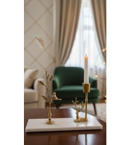 EL YAPIMI MERMER TAŞLI BRONZ DESENLİ MUMLUK (Beyaz)