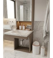 Beyaz Çizgili 5 Parça Banyo Seti Çöp Kovası Klozet Fırçası Sıvı Sabunluk Diş Fırçalık Sabunluk