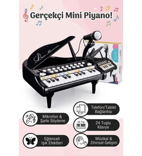 Mikrofonlu 24 Tuşlu Pembe Çocuk Piyanosu - Telefon Bağlantılı Eğitici Işıklı Org Müzik Seti