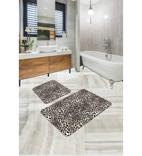 Bej Leopar Desenli Banyo Halısı Klozet Paspas Seti BS324