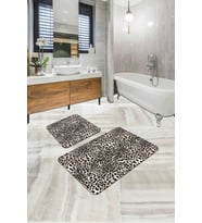 Bej Leopar Desenli Banyo Halısı Klozet Paspas Seti BS324