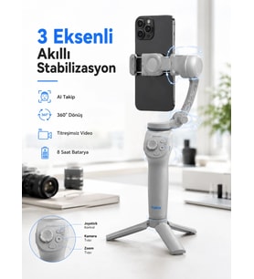 Profesyonel Telefon Gimbal Stabilizer 3 Eksen Sabitleme Çoklu Çekim Modları Uzun Pil Ömürlü Taşınabi
