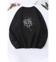 Unisex Woman one line Baskılı Bisiklet Yaka Sweatshirt (Siyah)
