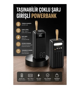 60.000 mAh Powerbank – 4 Cihaz Şarj Desteği, Dijital Göstergeli ve LED Fenerli