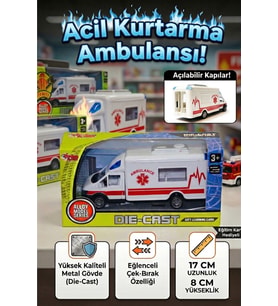 Metal Oyuncak Ambulans - Çek Bırak Özellikli, Açılabilir Arka Kapılı Die-Cast Kurtarma Aracı