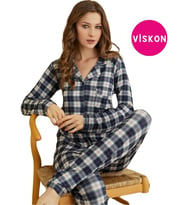 Kadın Viskon Önden Düğme Gömlek Yaka Göğüs Cepli Uzun Kol Mevsimlik Pijama Takım (Ekose)