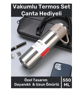 Özel Üretim Paslanmaz Çelik 3 Bardaklı Soğuk Sıcak Termos Vakumlu Termos Set Çanta Hediyeli 550 Ml
