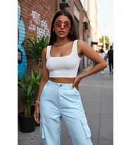 Giyim Kadın Beyaz Kalın Askılı Crop Top Büstiyer Esnek Kumaş Şık Basic Kadın Üst Giyim