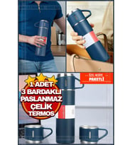 Vakumlu Çay Kahve Sıcak Soğuk Mavi Piknik Kamp Termosu Paslanmaz Çelik 3 Bardaklı 500 Ml Termos Seti