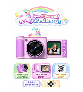 Unicorn Çocuk Fotoğraf Makinesi  180° Döner Ekran, 8X Dijital Zoom, 2.4” Renkli Ekran