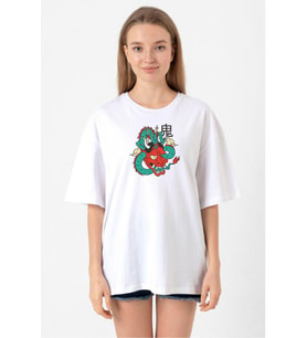 Dragon Samurai Anime Beyaz Kadın Oversize Tshirt