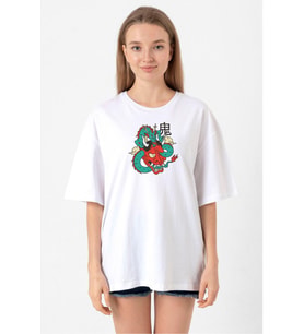 Dragon Samurai Anime Beyaz Kadın Oversize Tshirt
