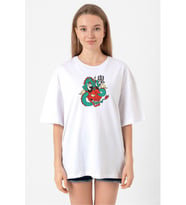Dragon Samurai Anime Beyaz Kadın Oversize Tshirt