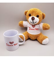 Kahverengi I Love You Tişörtlü Ayıcık ve Baskılı Kupa Seti